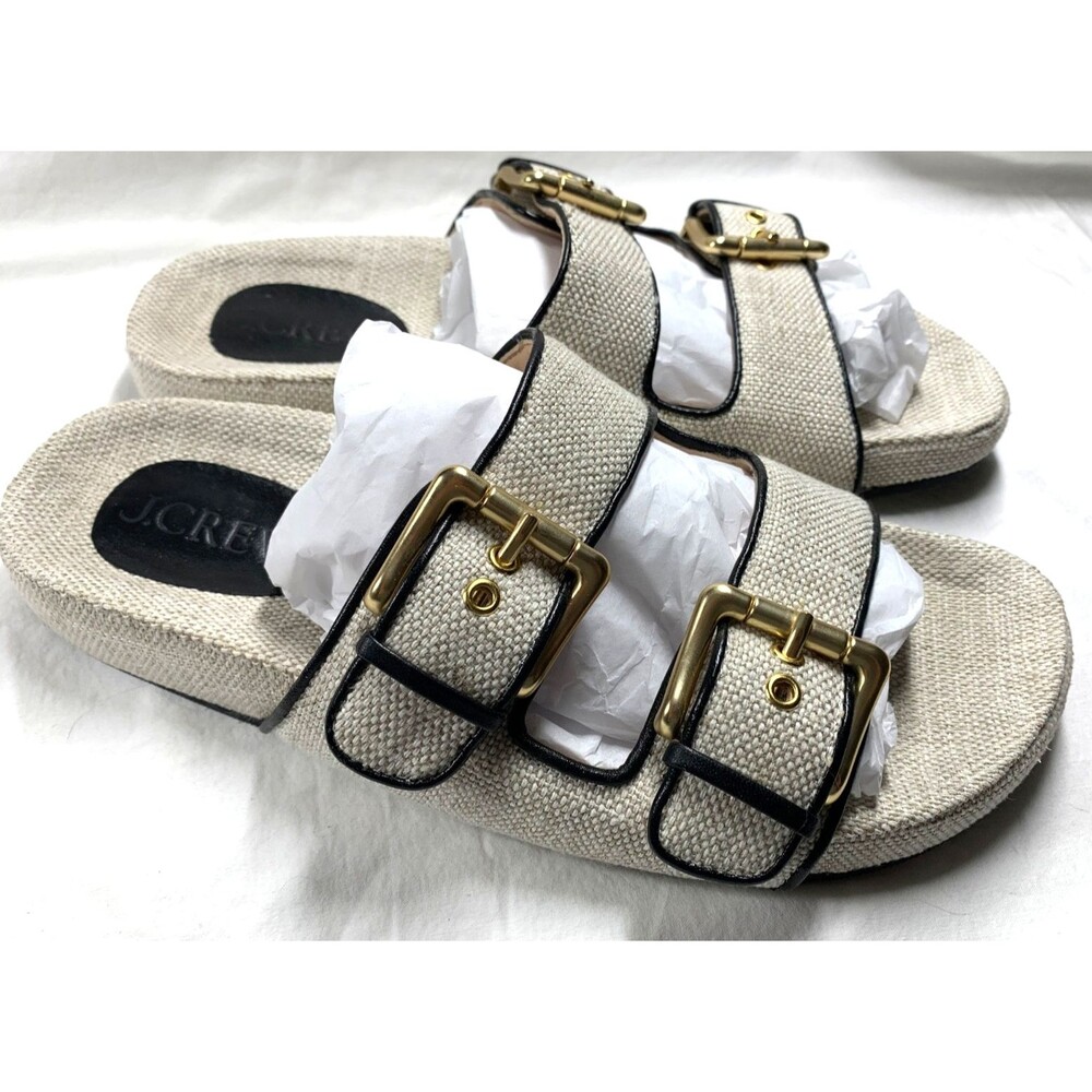 J.CREW Marlow Sandals In Raffia Two Buckles Weathered Sand Slides Womens US 10.5